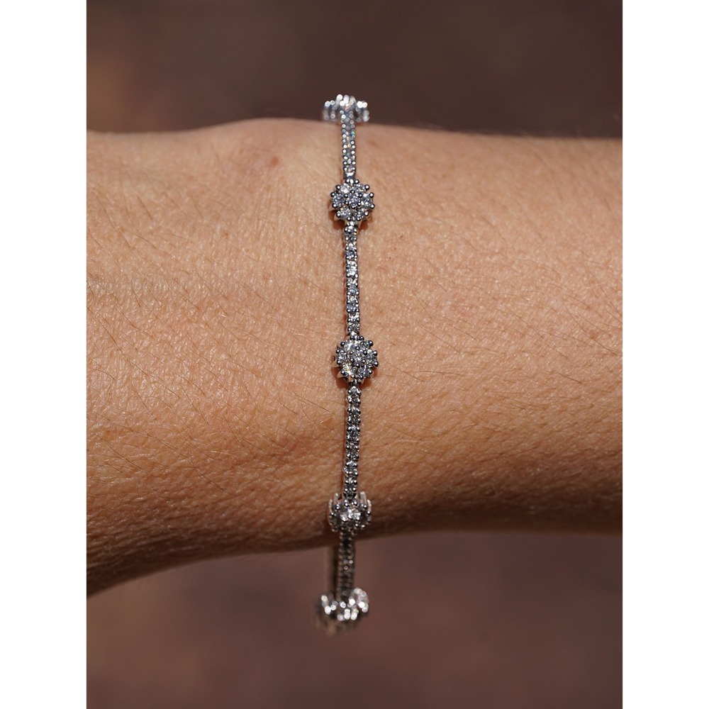 14k Solid Gold Diamond Flower Station Bracelet Floral Cluster Tennis Women's